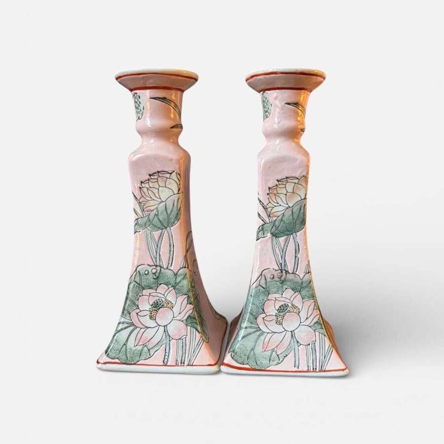 Pair Chinese Porcelain Candlesticks Pink Lotus Macau Hand Painted 22cm