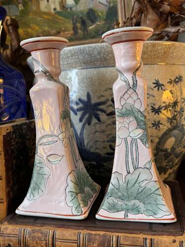 Pair Chinese Porcelain Candlesticks Pink Lotus Macau Hand Painted 22cm