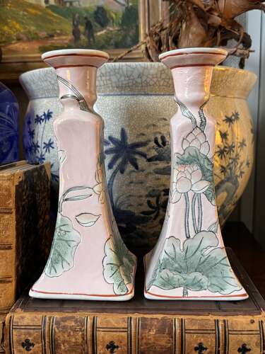Pair Chinese Porcelain Candlesticks Pink Lotus Macau Hand Painted 22cm