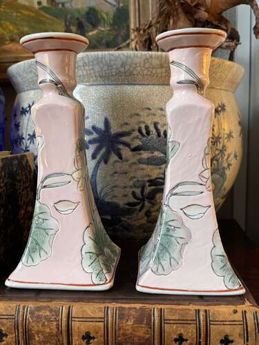 Pair Chinese Porcelain Candlesticks Pink Lotus Macau Hand Painted 22cm