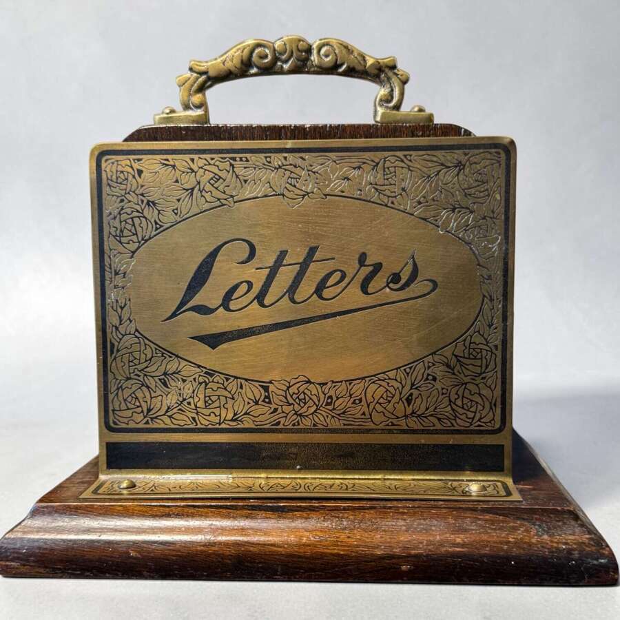 Vintage Brass And Oak Letter Rack Desk Tidy Letters Art Nouveau Style