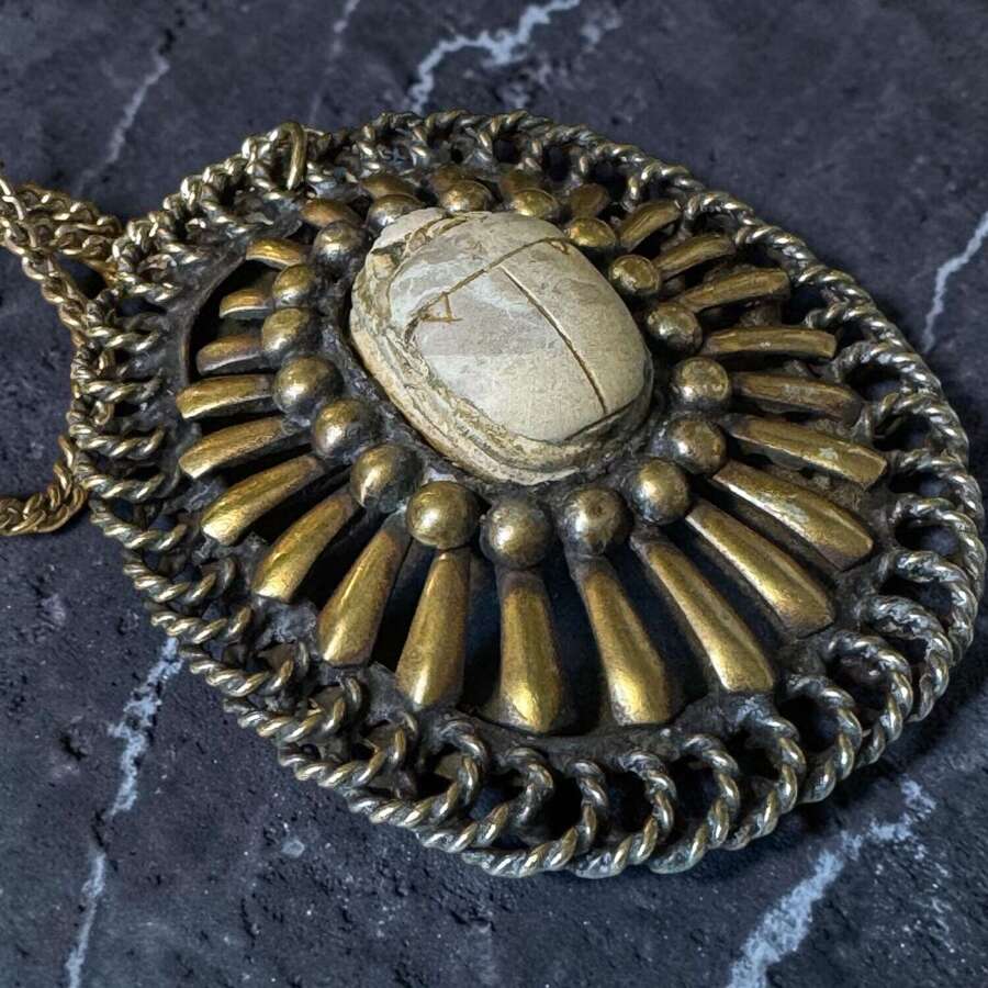 Vintage Scarab Pendant Necklace Egyptian Revival Silver Tone Large