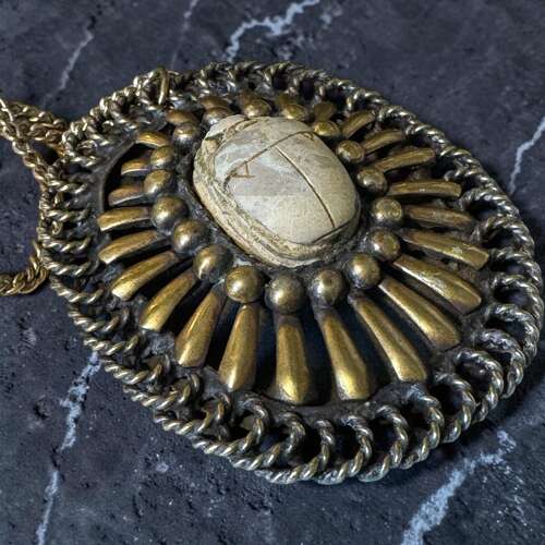Vintage Scarab Pendant Necklace Egyptian Revival Silver Tone Large