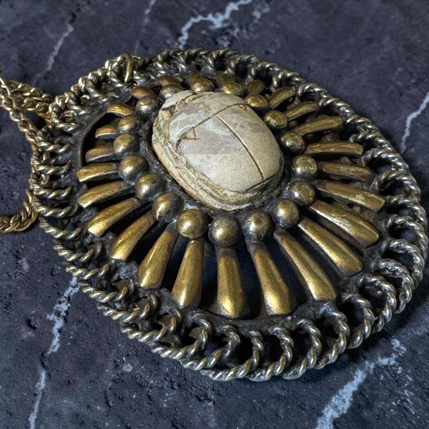 Vintage Scarab Pendant Necklace Egyptian Revival Silver Tone Large