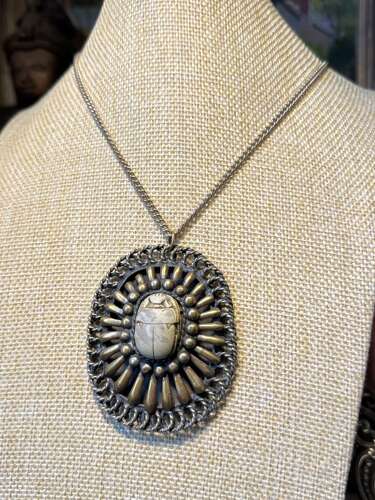 Vintage Scarab Pendant Necklace Egyptian Revival Silver Tone Large