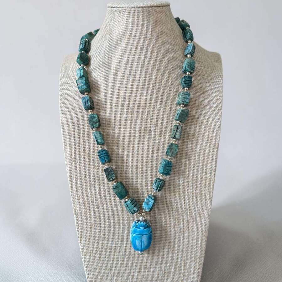 Vintage Scarab Necklace Egyptian Revival Turquoise Style Beads