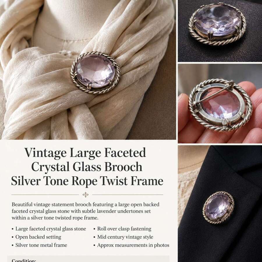 Vintage Large Faceted Crystal Glass Brooch Silver Tone Rope Twist