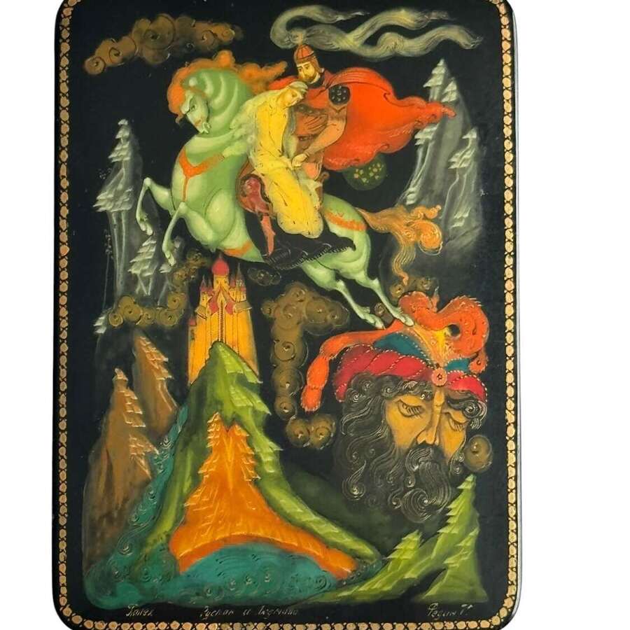 Vintage Russian Lacquer Box Hand Painted Folk Tale Scene Papier Mache