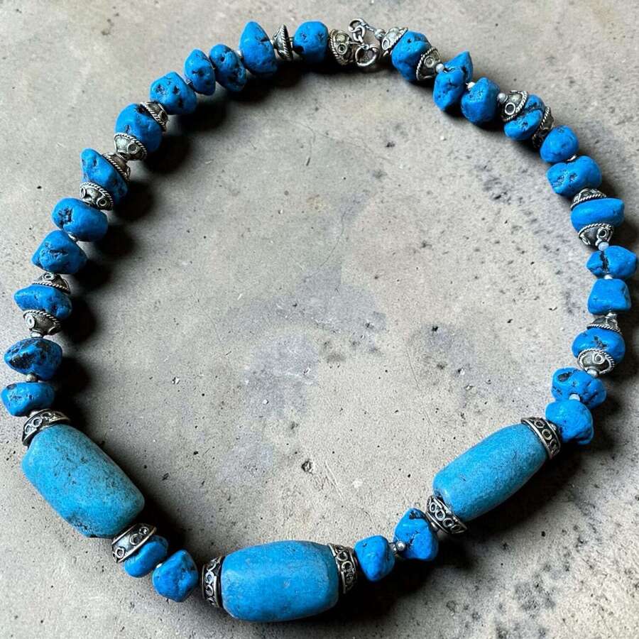 Vintage 925 Silver Turquoise Nugget Necklace Ethnic Boho Statement