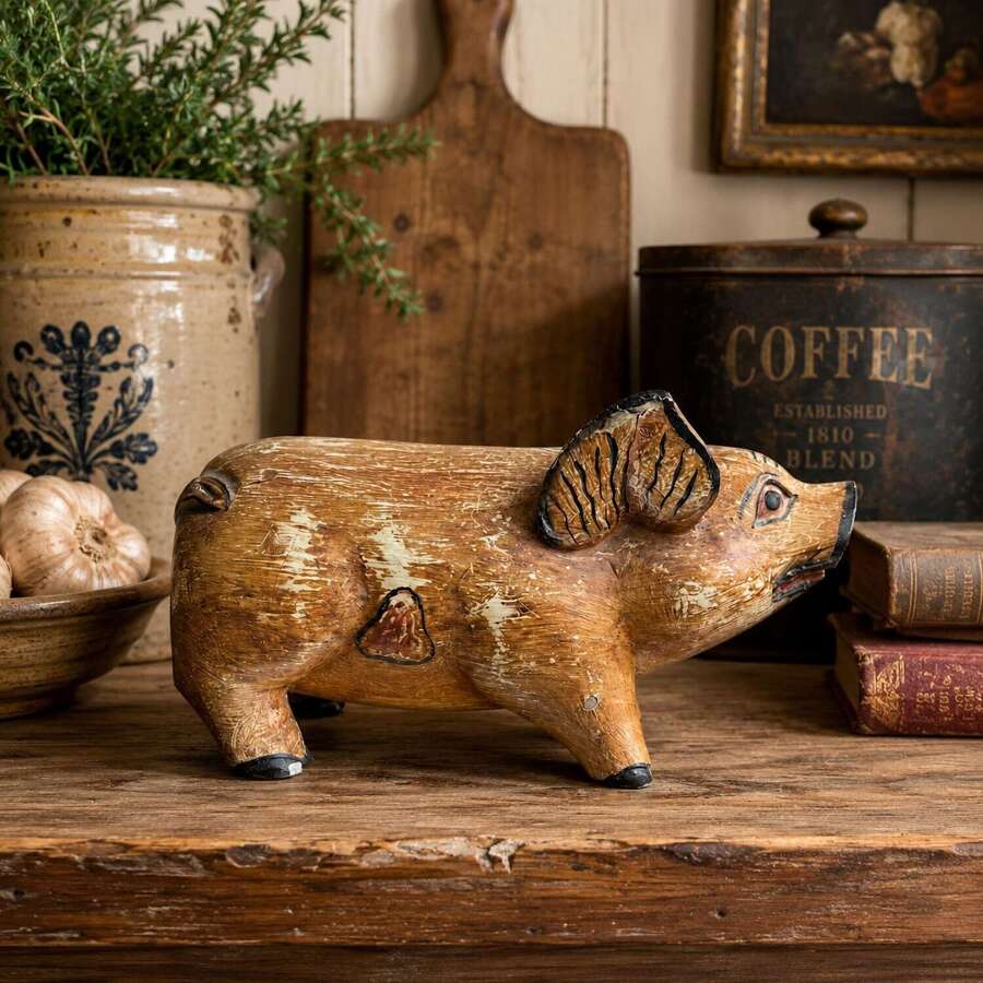 Vintage Hand Carved Wooden Pig Folk Art Figure