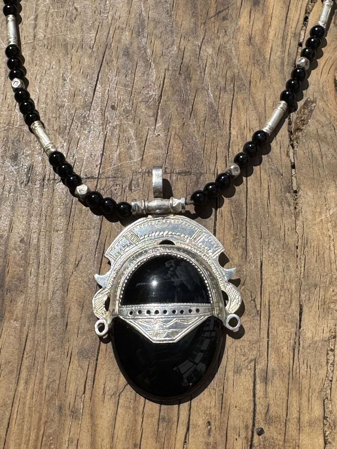 Vintage Sterling Silver Onyx Pendant Necklace Ethnic Tuareg Style