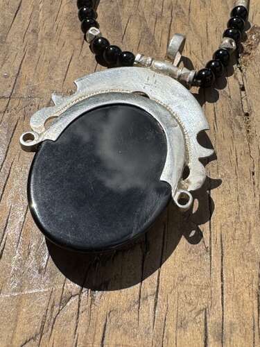 Vintage Sterling Silver Onyx Pendant Necklace Ethnic Tuareg Style