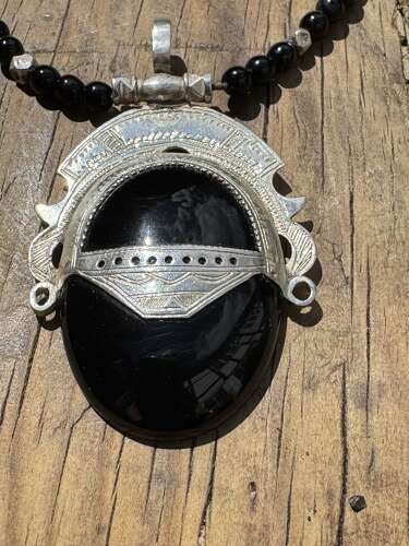 Vintage Sterling Silver Onyx Pendant Necklace Ethnic Tuareg Style