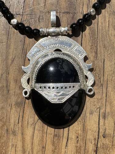 Vintage Sterling Silver Onyx Pendant Necklace Ethnic Tuareg Style