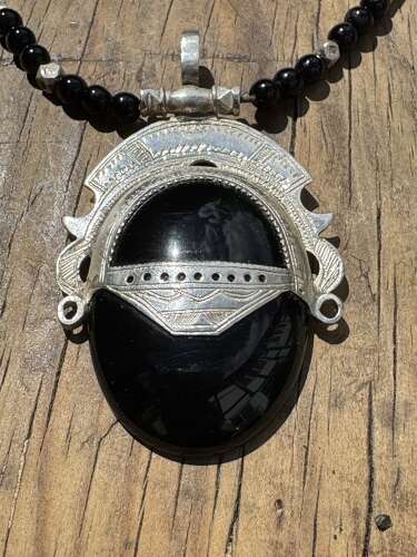 Vintage Sterling Silver Onyx Pendant Necklace Ethnic Tuareg Style