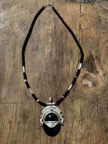 Vintage Sterling Silver Onyx Pendant Necklace Ethnic Tuareg Style