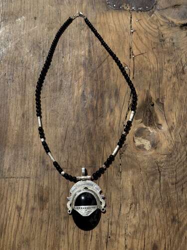 Vintage Sterling Silver Onyx Pendant Necklace Ethnic Tuareg Style