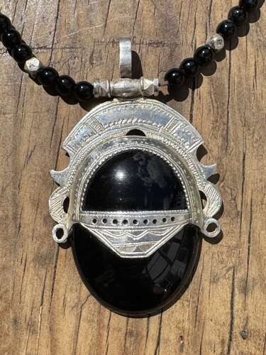 Vintage Sterling Silver Onyx Pendant Necklace Ethnic Tuareg Style