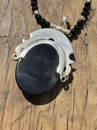 Vintage Sterling Silver Onyx Pendant Necklace Ethnic Tuareg Style