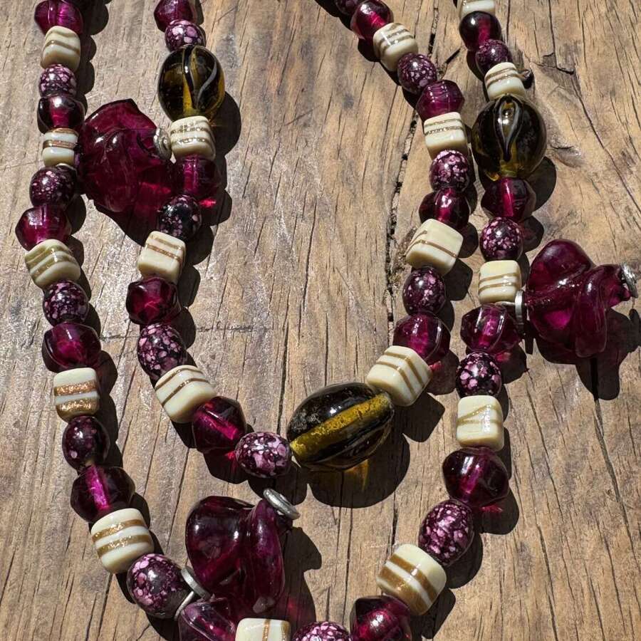 Vintage Handmade Art Glass Necklace Cranberry Pink Lampwork Beads
