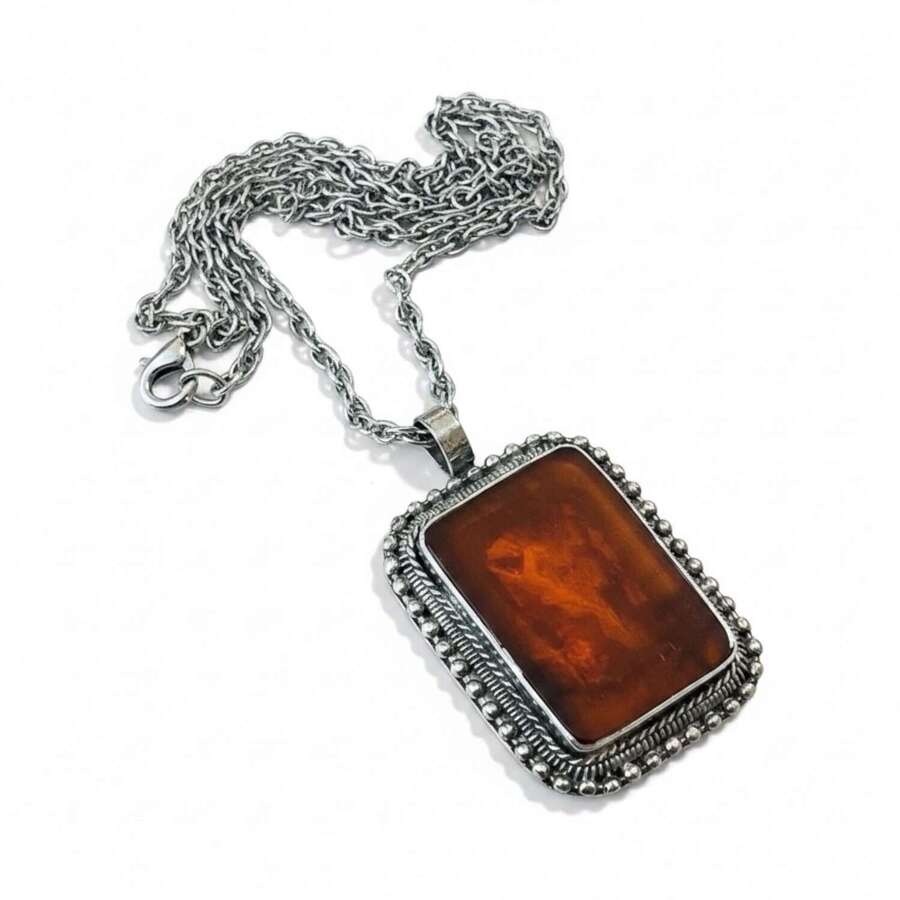 Vintage Amber Pendant Necklace White Metal Setting