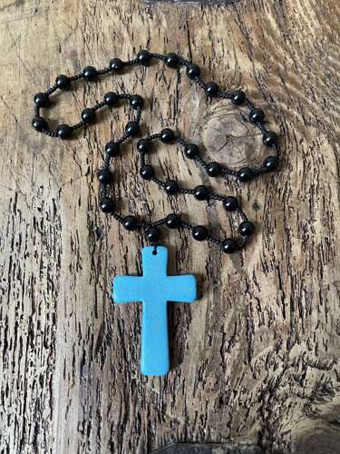Turquoise Cross Pendant Necklace Black Bead Chain Mens Boho Festival