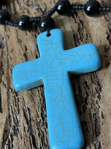 Turquoise Cross Pendant Necklace Black Bead Chain Mens Boho Festival
