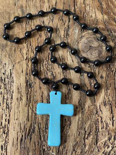 Turquoise Cross Pendant Necklace Black Bead Chain Mens Boho Festival