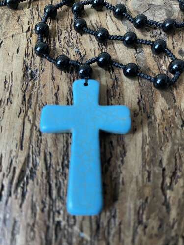Turquoise Cross Pendant Necklace Black Bead Chain Mens Boho Festival