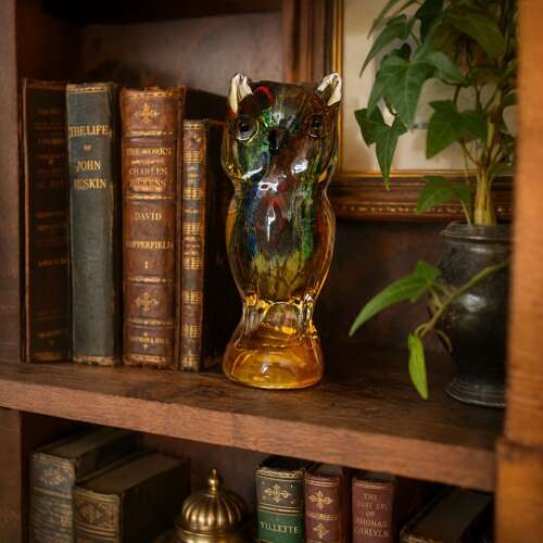 Vintage Art Glass Owl Figure Amber Multicolour Murano Style 20cm
