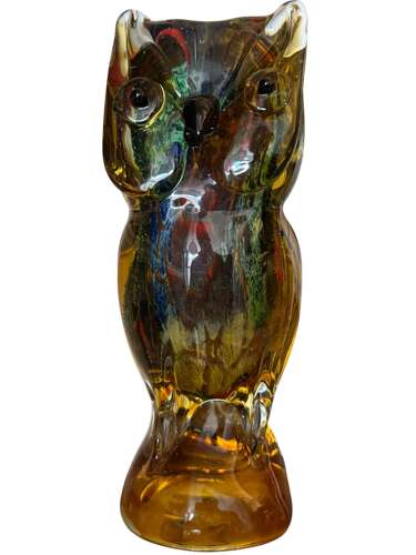 Vintage Art Glass Owl Figure Amber Multicolour Murano Style 20cm