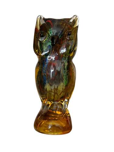 Vintage Art Glass Owl Figure Amber Multicolour Murano Style 20cm