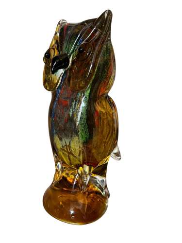 Vintage Art Glass Owl Figure Amber Multicolour Murano Style 20cm