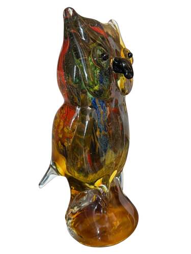 Vintage Art Glass Owl Figure Amber Multicolour Murano Style 20cm