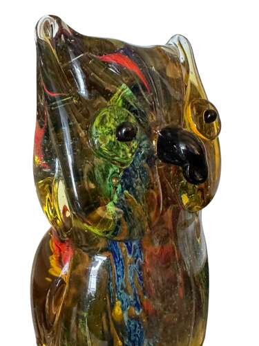 Vintage Art Glass Owl Figure Amber Multicolour Murano Style 20cm