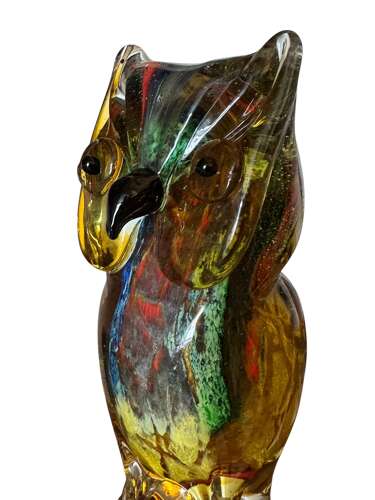 Vintage Art Glass Owl Figure Amber Multicolour Murano Style 20cm