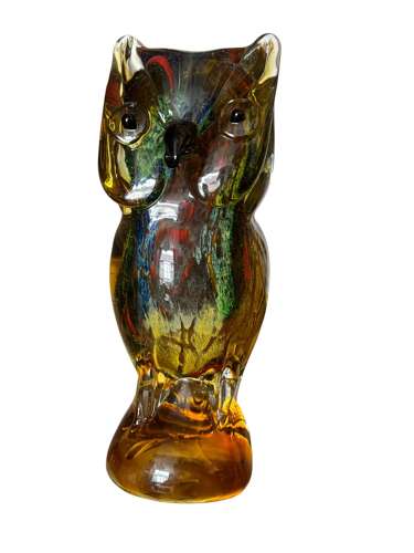 Vintage Art Glass Owl Figure Amber Multicolour Murano Style 20cm