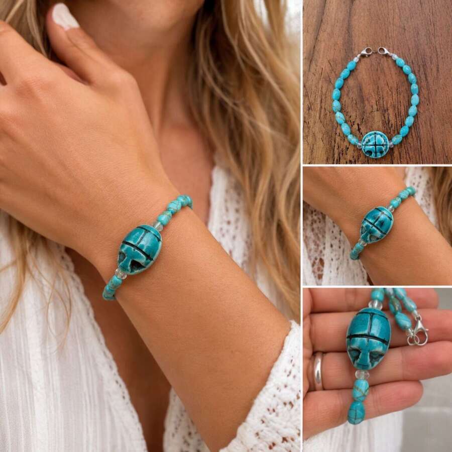 Vintage Tribal Style Turquoise Effect Bracelet Carved scarab  Ethnic