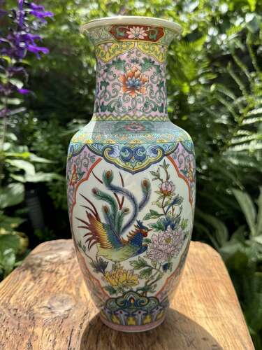 Chinese Famille Rose Style Vase Pheasant Peony Floral Porcelain 28cm