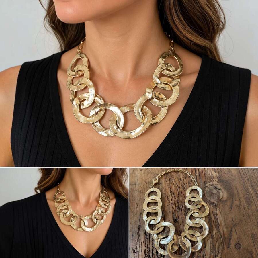 Envy Statement Necklace &ndash; Hammered Gold Tone Link Collar Necklace 50cm