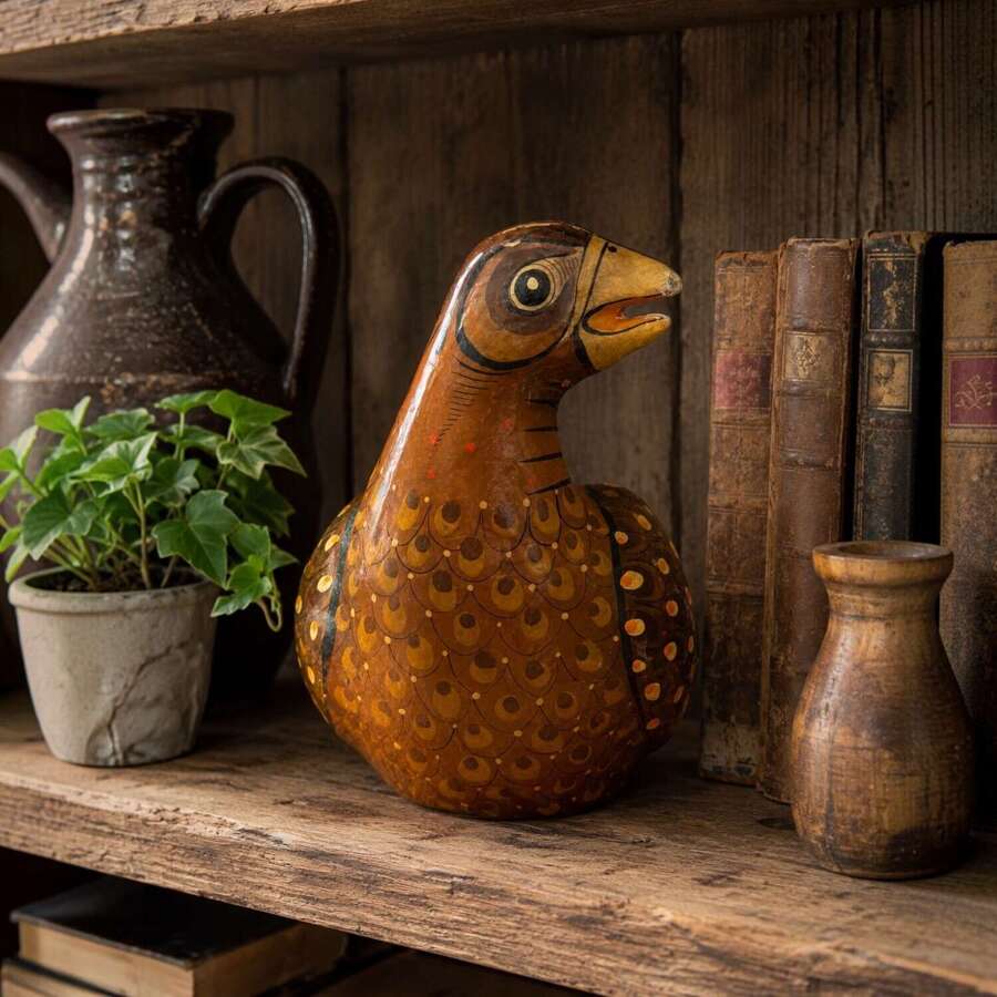 Vintage Mexican Folk Art Bird Gourd Sculpture Hand Painted Decorative