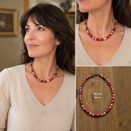 Vintage Japanese Hand Painted Lacquer Wood Necklace Red Floral Beads
