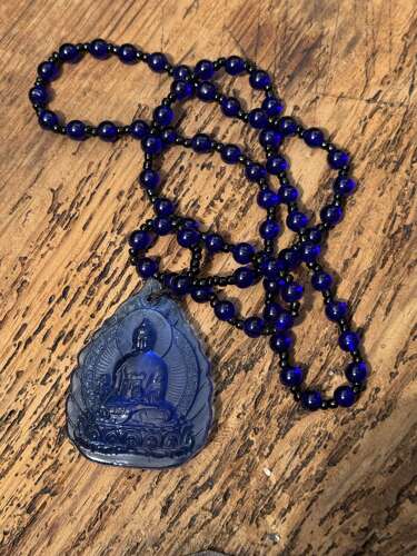 Hand Carved Blue Buddha Pendant Necklace Cobalt Glass Effect Amulet
