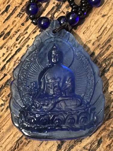 Hand Carved Blue Buddha Pendant Necklace Cobalt Glass Effect Amulet