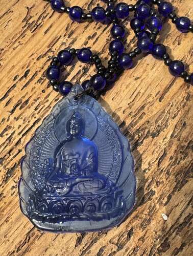 Hand Carved Blue Buddha Pendant Necklace Cobalt Glass Effect Amulet
