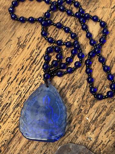 Hand Carved Blue Buddha Pendant Necklace Cobalt Glass Effect Amulet