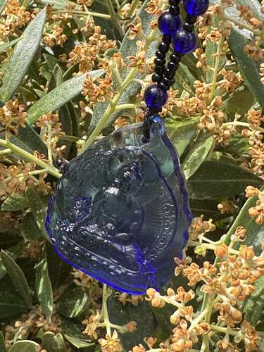 Hand Carved Blue Buddha Pendant Necklace Cobalt Glass Effect Amulet
