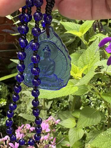 Hand Carved Blue Buddha Pendant Necklace Cobalt Glass Effect Amulet