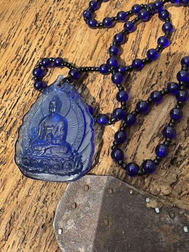 Hand Carved Blue Buddha Pendant Necklace Cobalt Glass Effect Amulet