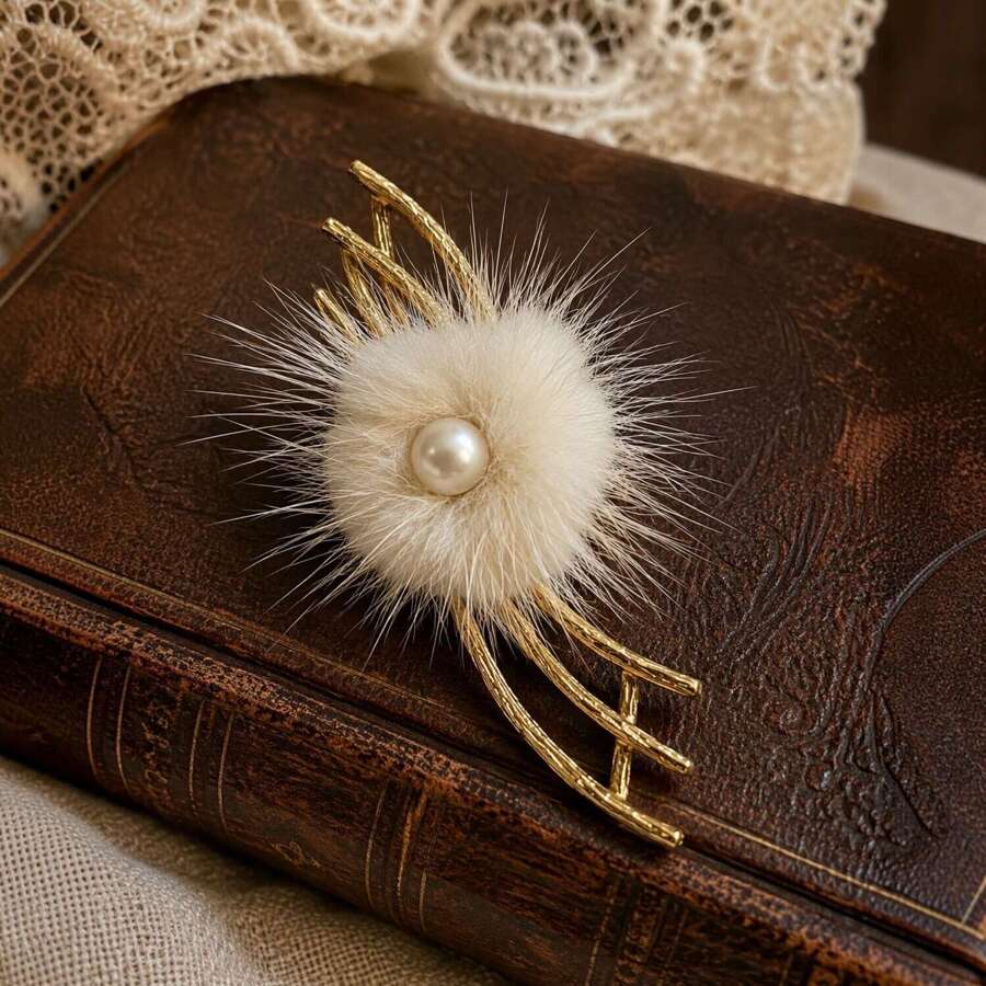 Vintage White Fur & Pearl Spray Brooch | Gold Tone Floral Pin